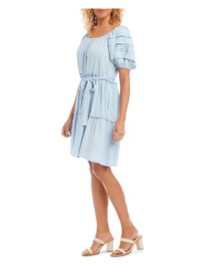 KAREN KANE Womens Light Blue Tie Ruffled Short Sleeve Scoop Neck Above The Knee Baby Doll Dress M