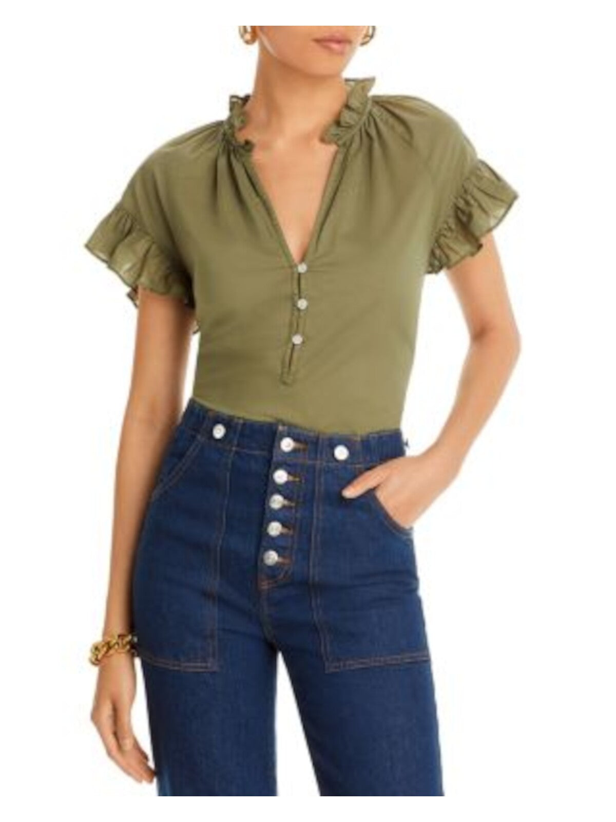 VERONICA BEARD Womens Green Ruffled Three-button Placket Curved Hem Cap Sleeve V Neck Top M