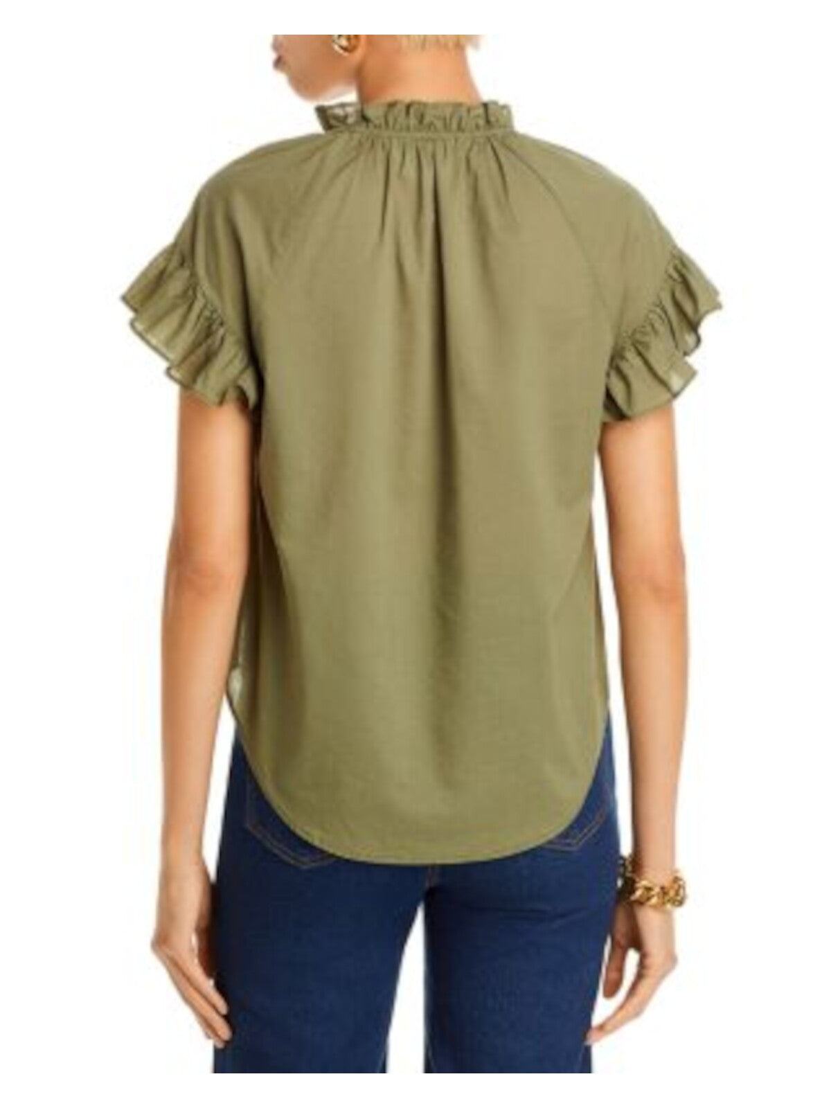 VERONICA BEARD Womens Green Ruffled Three-button Placket Curved Hem Cap Sleeve V Neck Top M