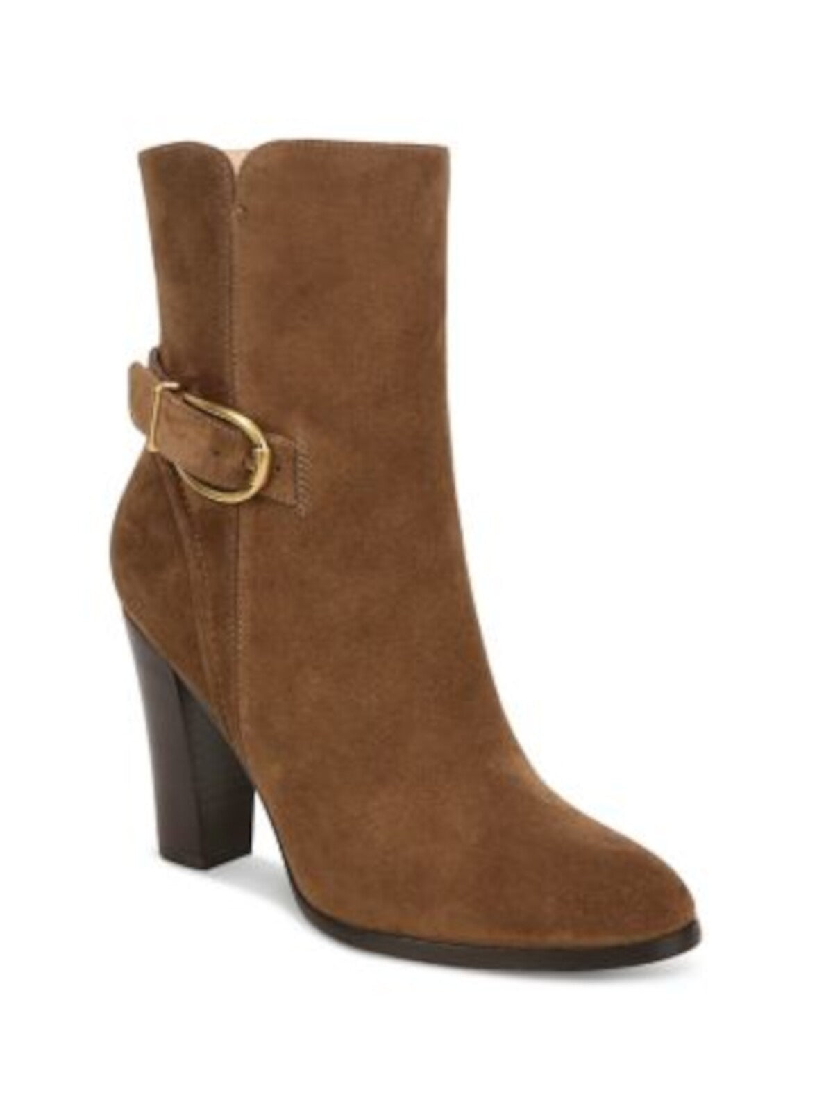 VERONICA BEARD Womens Brown Notched Padded Buckle Accent Viv Almond Toe Stacked Heel Zip-Up Leather Heeled Boots 8.5 M