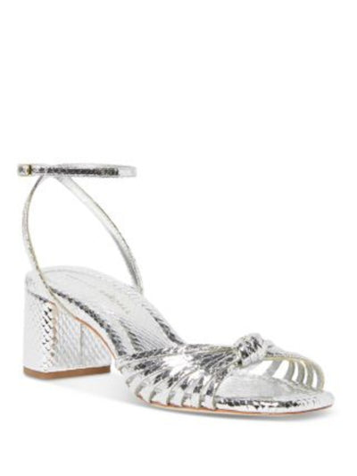 LOEFFLER RANDALL Womens Silver Snake Metallic Knotted Strappy Ankle Strap Padded Olivia Square Toe Block Heel Buckle Leather Heeled Sandal 8