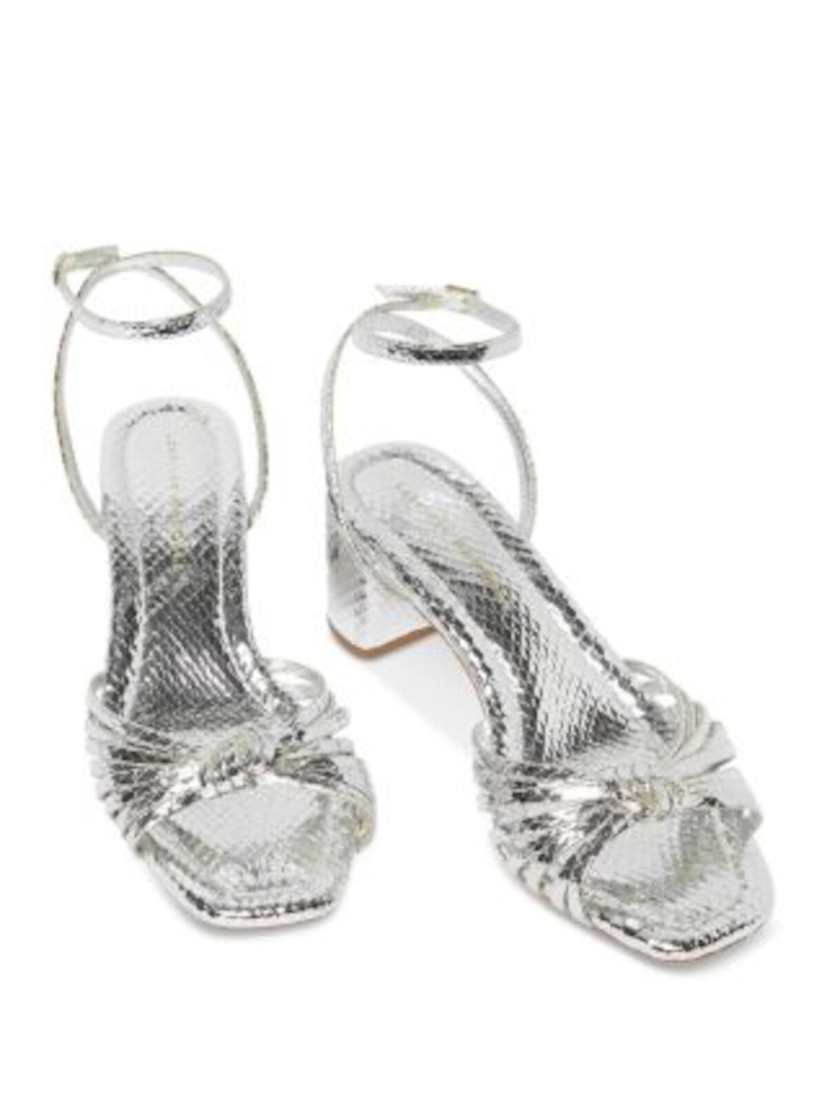 LOEFFLER RANDALL Womens Silver Snake Metallic Knotted Strappy Ankle Strap Padded Olivia Square Toe Block Heel Buckle Leather Heeled Sandal 8