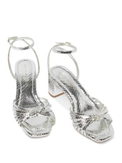 LOEFFLER RANDALL Womens Silver Snake Metallic Knotted Strappy Ankle Strap Padded Olivia Square Toe Block Heel Buckle Leather Heeled Sandal 8