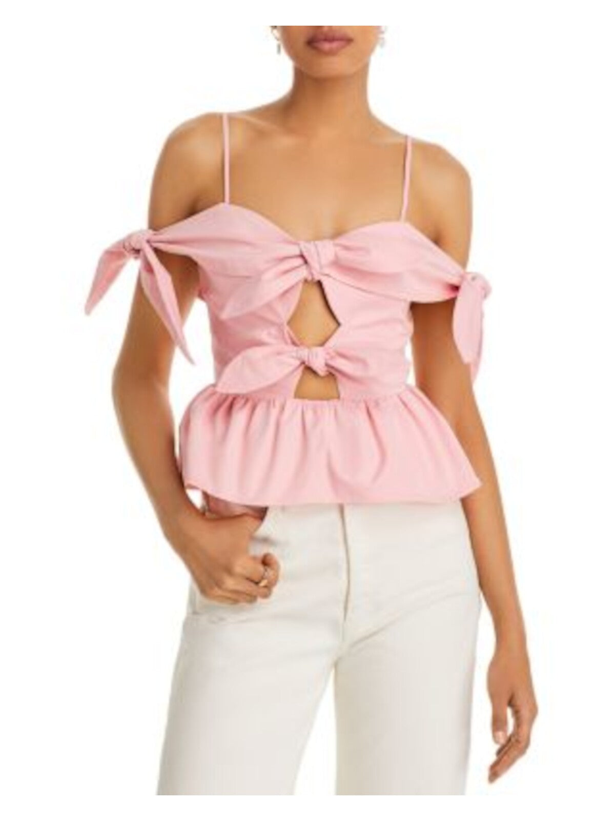 FORE Womens Pink Cut Out Zippered Knot Trim Peplum Hem Spaghetti Strap Off Shoulder Top S