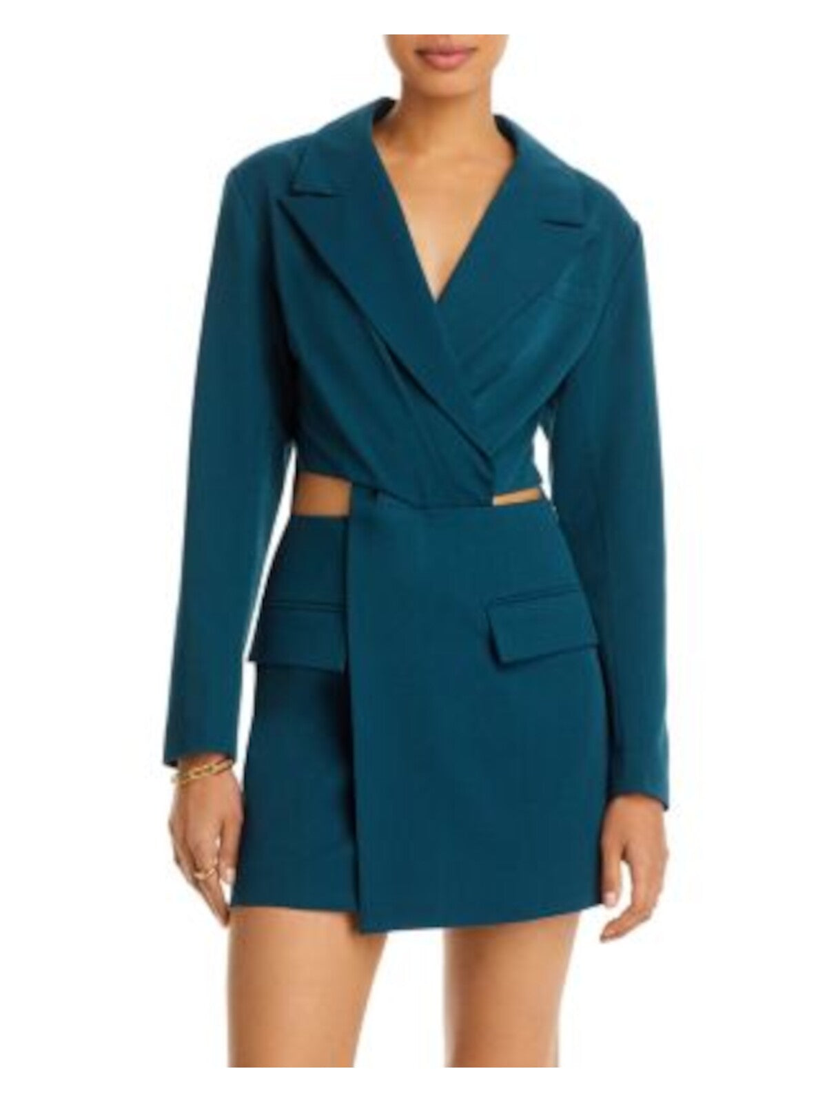 FORE Womens Teal Cut Out Zippered Notch Lapels Pocketed Blazer Long Sleeve Surplice Neckline Mini Cocktail Sheath Dress XS