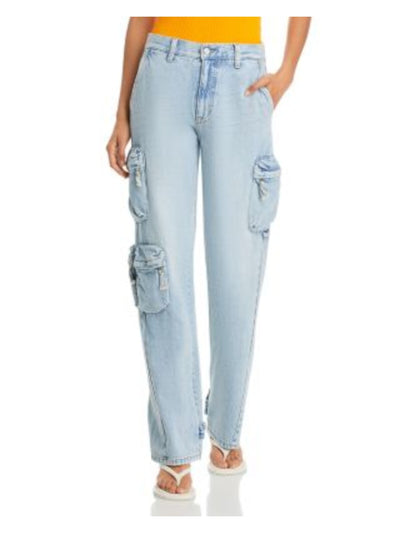 PISTOLA Womens Light Blue Zippered Pocketed High Waist Loose Fit Cargo Straight leg Jeans 28