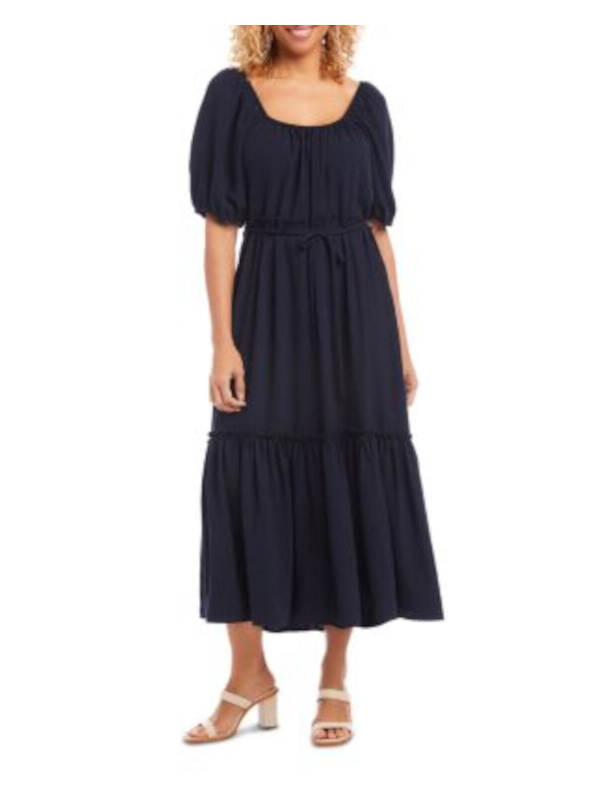 KAREN KANE Womens Black Pocketed Tiered Self-tie Belt Cap Sleeve Scoop Neck Midi Wear To Work Fit + Flare Dress M