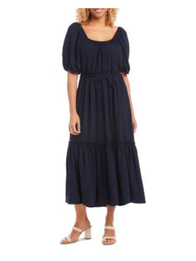 KAREN KANE Womens Black Pocketed Tiered Self-tie Belt Cap Sleeve Scoop Neck Midi Wear To Work Fit + Flare Dress M
