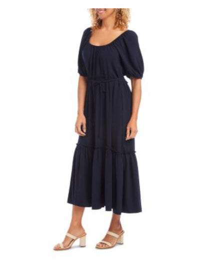 KAREN KANE Womens Black Pocketed Tiered Self-tie Belt Cap Sleeve Scoop Neck Midi Wear To Work Fit + Flare Dress M