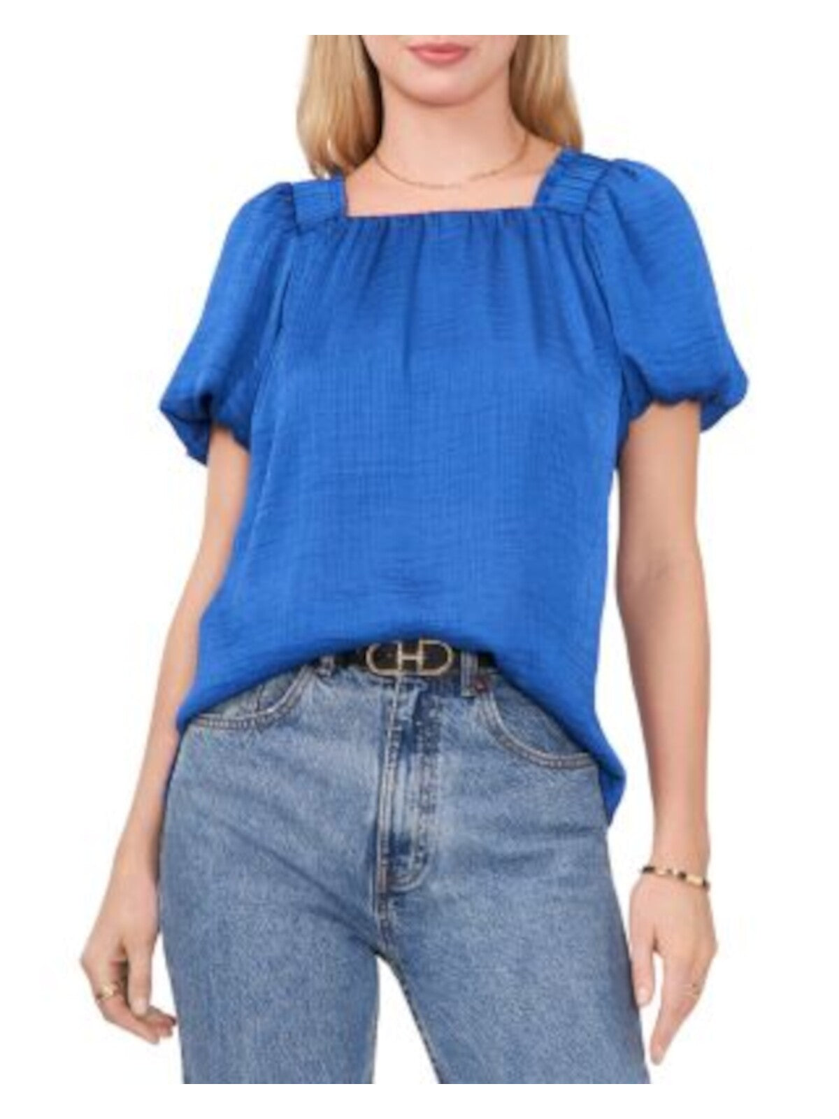 VINCE CAMUTO Womens Blue Textured Lined Ruched Shoulders Split Side Hems Pouf Sleeve Square Neck Top XXS