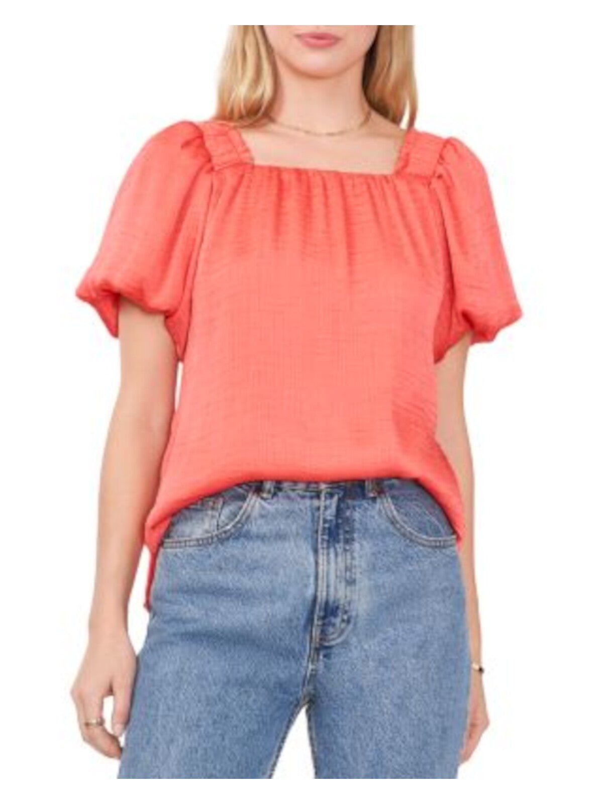 VINCE CAMUTO Womens Coral Textured Lined Ruched Shoulders Split Side Hems Pouf Sleeve Square Neck Top XS