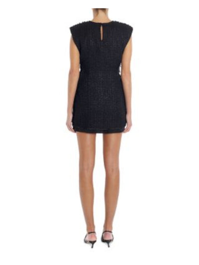 LANVIN Womens Black Fringed Lined Keyhole Back Sleeveless Round Neck Mini Party Shift Dress 42