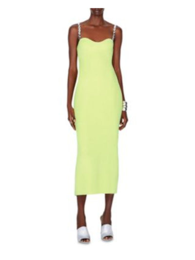 GALVAN LONDON Womens Green Ribbed Embellished Straps Back Slit Sleeveless Sweetheart Neckline Midi Cocktail Sheath Dress M