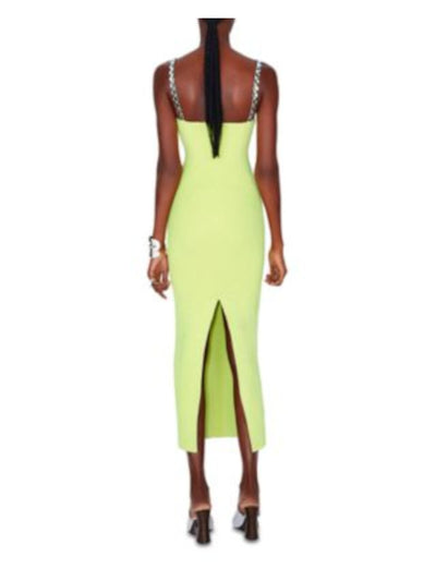 GALVAN LONDON Womens Green Ribbed Embellished Straps Back Slit Sleeveless Sweetheart Neckline Midi Cocktail Sheath Dress S