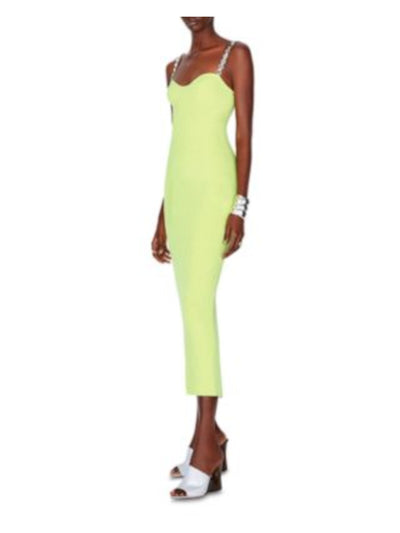 GALVAN LONDON Womens Green Ribbed Embellished Straps Back Slit Sleeveless Sweetheart Neckline Midi Cocktail Sheath Dress XS