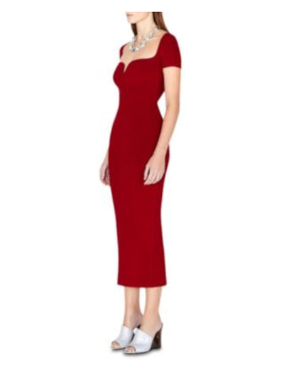 GALVAN LONDON Womens Red Ribbed Slitted Back Hem Pullover Short Sleeve Sweetheart Neckline Midi Party Sheath Dress S