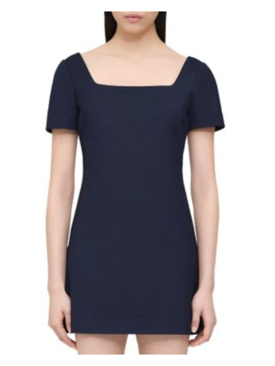 THEORY Womens Navy Zippered Short Sleeve Square Neck Mini Shift Dress 00