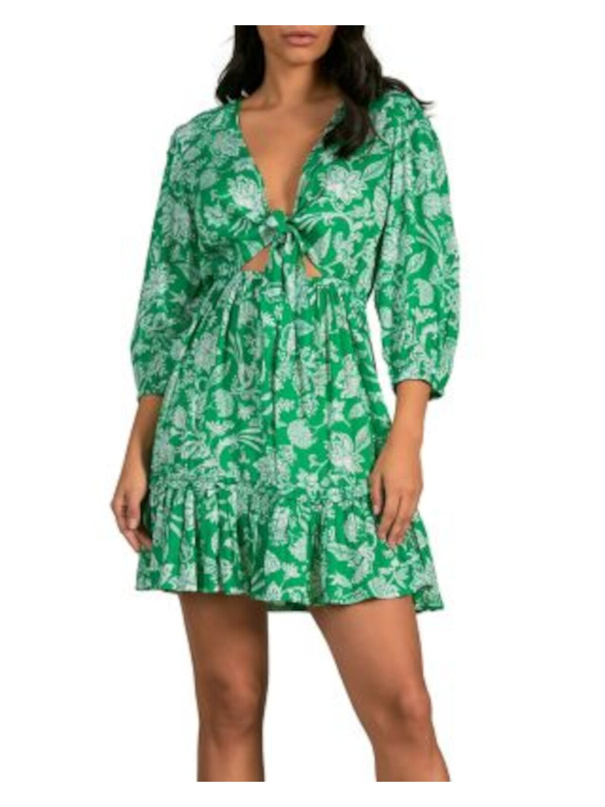 ELAN Womens Green Cut Out Tie Front Flounce Hem Pullover Printed 3/4 Sleeve V Neck Short Fit + Flare Dress XS