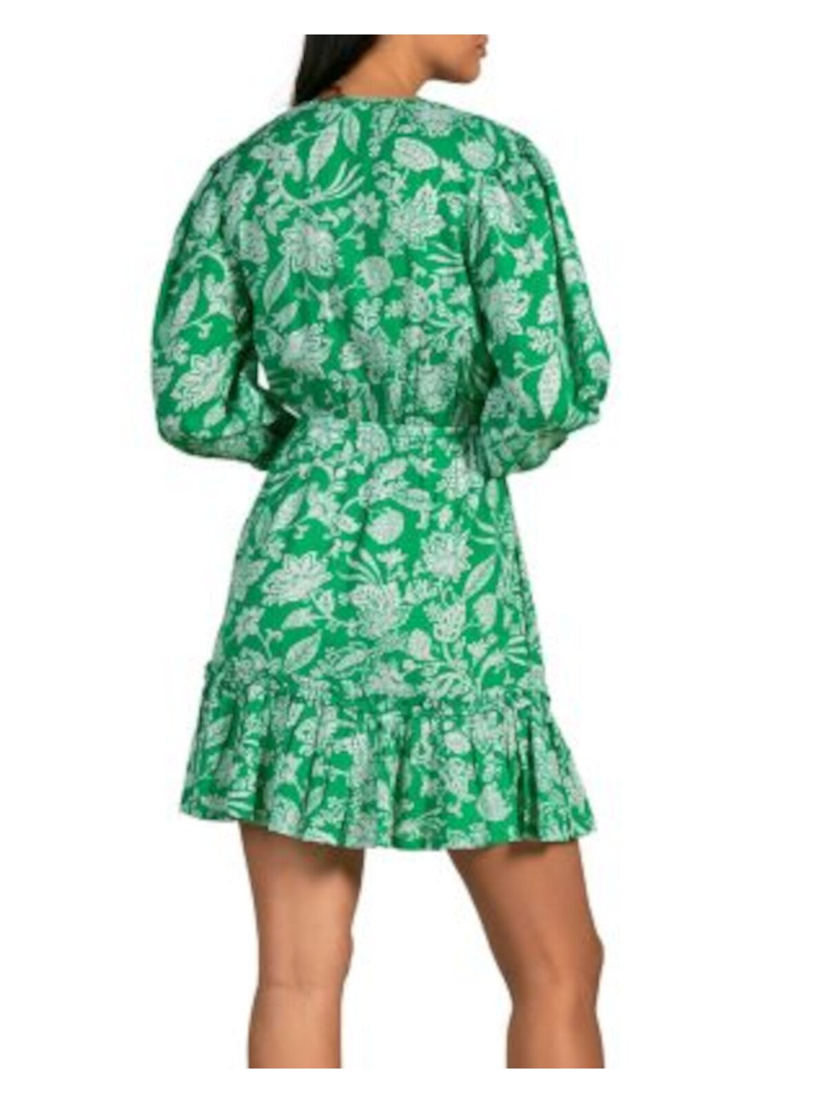 ELAN Womens Green Cut Out Tie Front Flounce Hem Pullover Printed 3/4 Sleeve V Neck Short Fit + Flare Dress XS