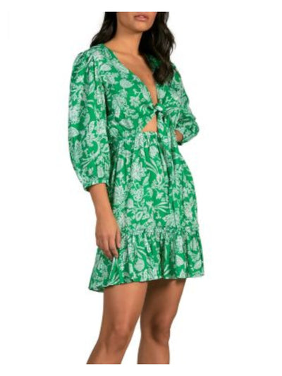 ELAN Womens Green Cut Out Tie Front Flounce Hem Pullover Printed 3/4 Sleeve V Neck Short Fit + Flare Dress XS