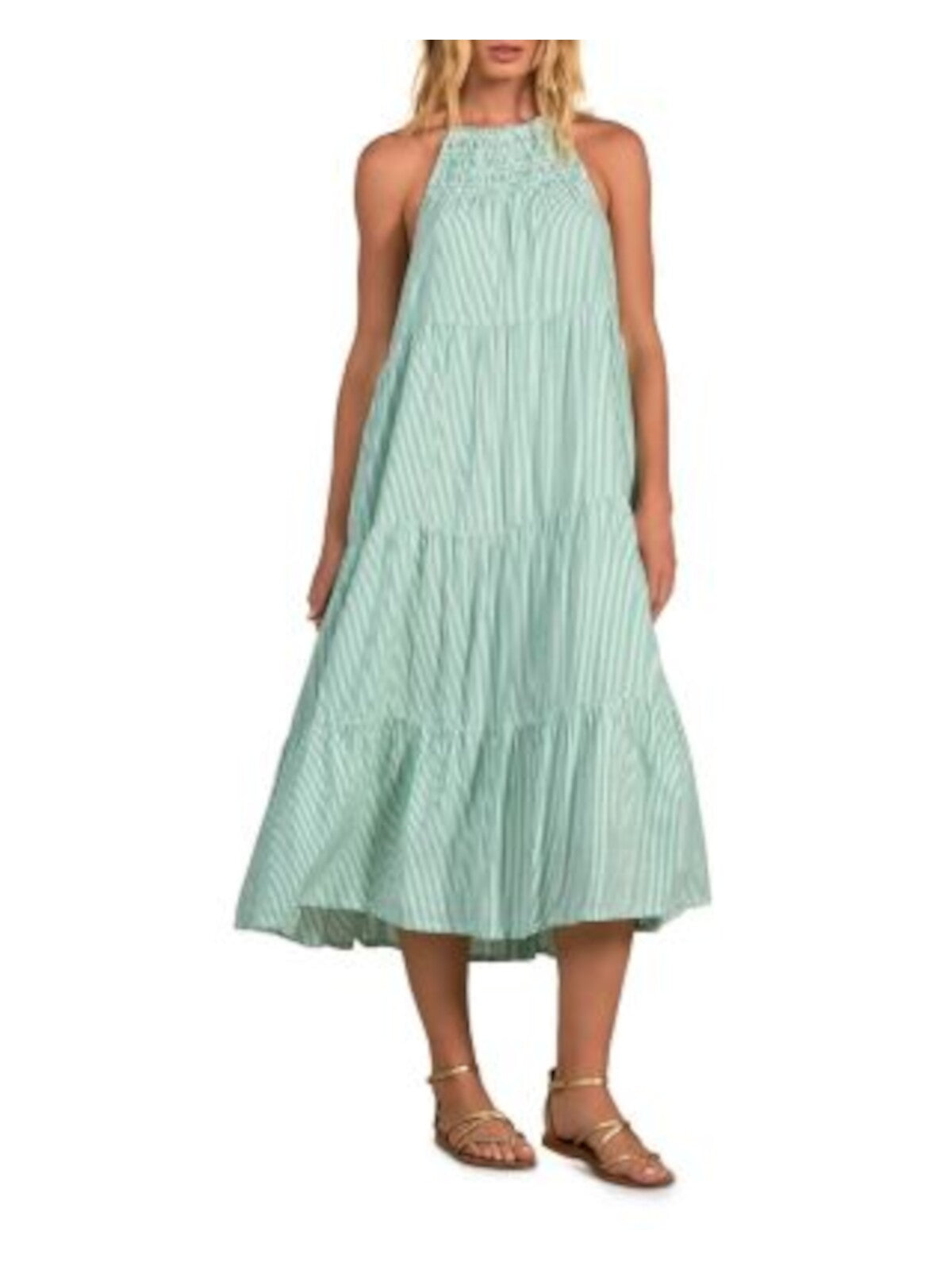 ELAN Womens Green Lined Pocketed Neck Tie Elastic Back Striped Sleeveless Halter Full-Length Trapeze Dress XS