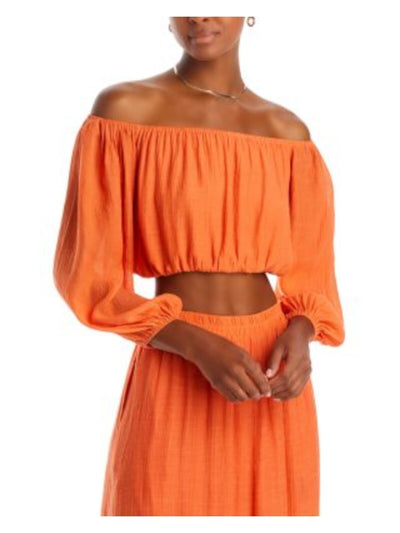 LUCY PARIS Womens Orange Pleated Lined Elastic Hem 3/4 Sleeve Strapless Crop Top XS