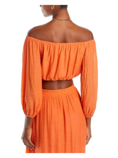 LUCY PARIS Womens Orange Pleated Lined Elastic Hem 3/4 Sleeve Strapless Crop Top XS