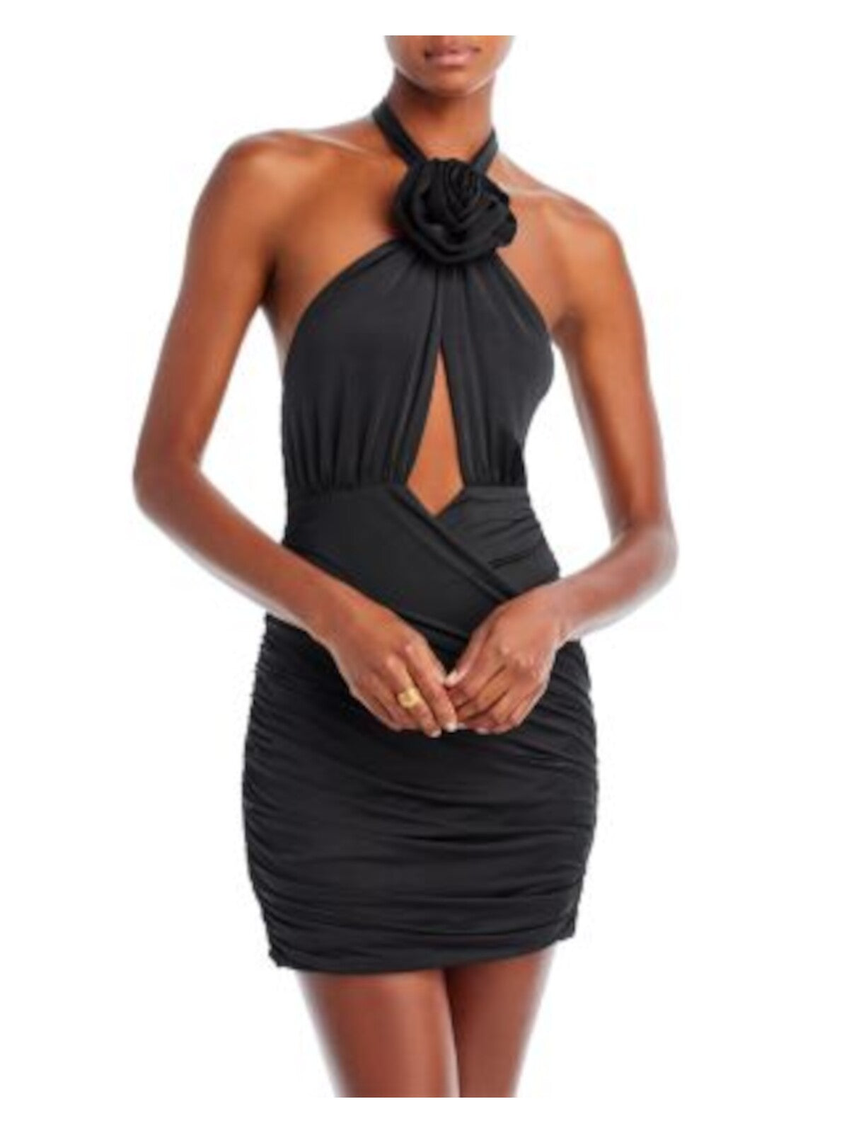 ENDLESS ROSE Womens Black Stretch Cut Out Ruched Tie Open Back Zippered Sleeveless Halter Mini Party Body Con Dress S