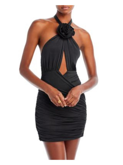 ENDLESS ROSE Womens Black Stretch Cut Out Ruched Tie Open Back Zippered Sleeveless Halter Mini Party Body Con Dress XS