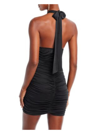 ENDLESS ROSE Womens Black Stretch Cut Out Ruched Tie Open Back Zippered Sleeveless Halter Mini Party Body Con Dress S