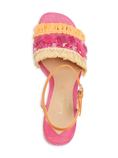 KATE SPADE NEW YORK Womens Pink Mixed Media Rafta Fringe Embelished Padded Bora Bora Square Toe Sculpted Heel Buckle Dress Heeled Sandal 8 B