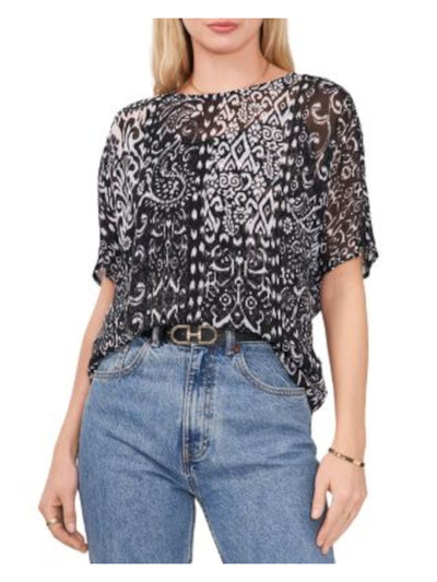 VINCE CAMUTO Womens Black Lined Back Keyhole Slight Hi-lo Hem Printed Elbow Sleeve Crew Neck Top S