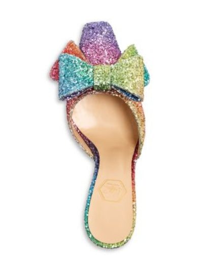 NALEBE Womens Rainbow Mixed Media Padded Glitter Bow Accent Dimante Square Toe Flare Slip On Dress Heeled Mules Shoes 39