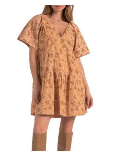 ELAN Womens Short Sleeve V Neck Tiered Pulloveer Mini Shift Dress
