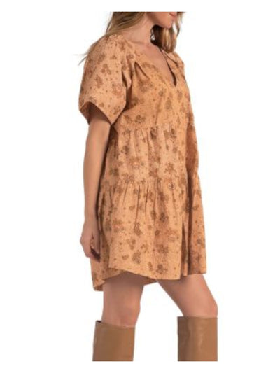 ELAN Womens Orange Printed Short Sleeve V Neck Mini Shift Dress XS