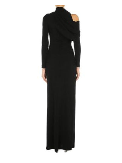 ALBERTA FERRETTI Womens Black Cold Shoulder Zippered Ruched Asymmetric Draped Overlay Long Sleeve Mock Neck Full-Length Evening Gown Dress 2