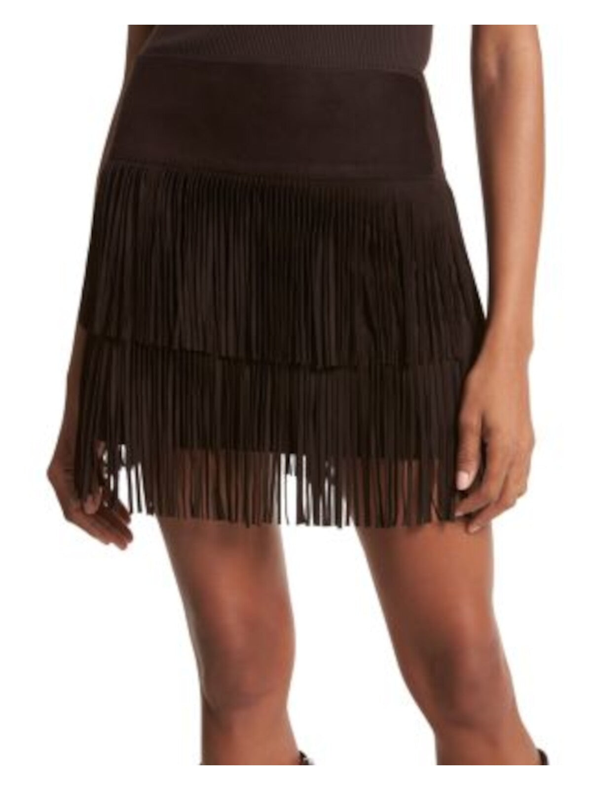 MICHAEL KORS COLLECTION Womens Brown Fringed Zippered Wide Waistband Mini Party A-Line Skirt 2