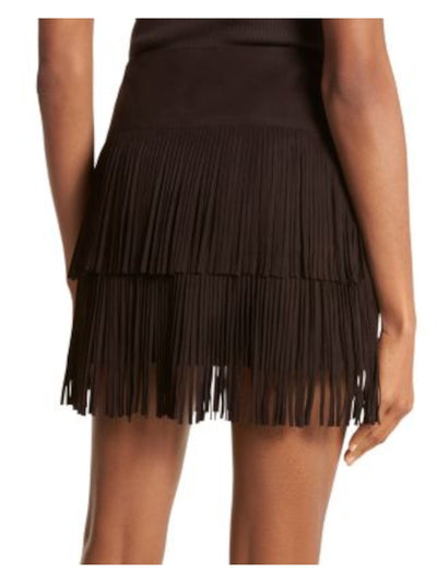 MICHAEL KORS COLLECTION Womens Brown Fringed Zippered Wide Waistband Mini Party A-Line Skirt 2