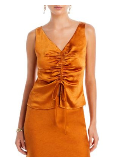 LUCY PARIS Womens Orange Gathered Tie Slit Front Curved Hem Sleeveless V Neck Top S