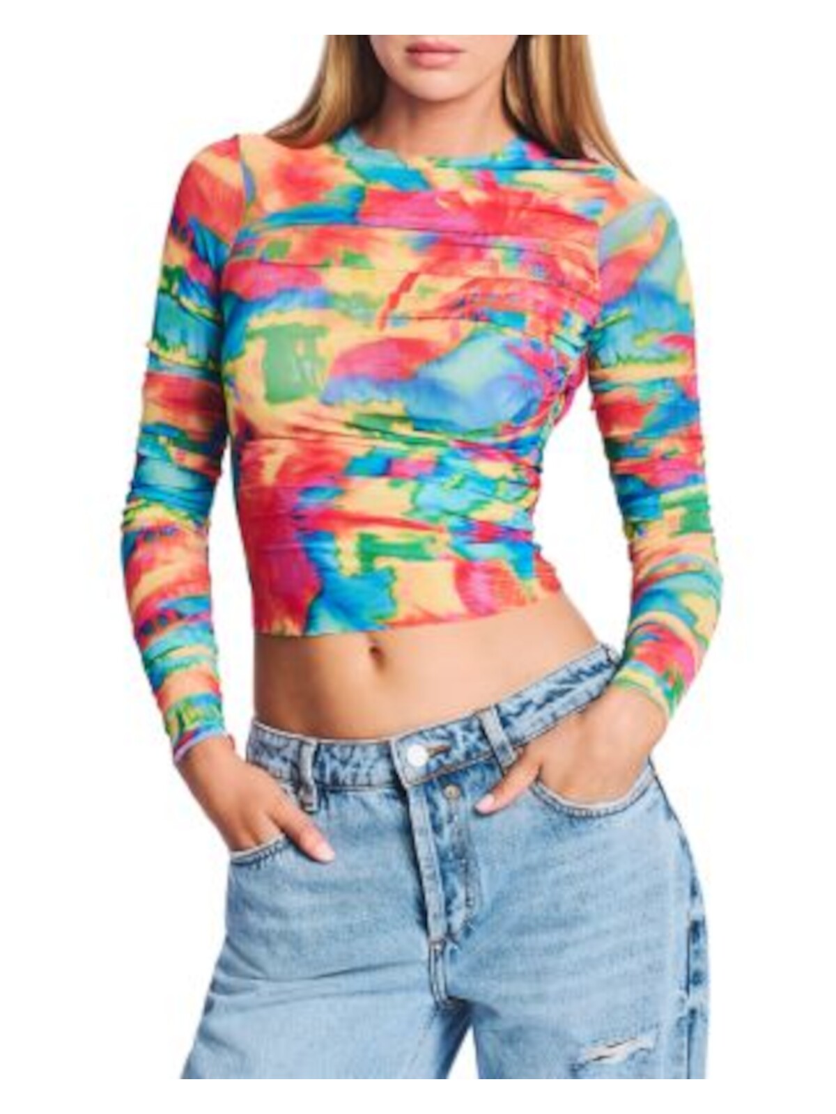 SER.O.YA Womens Red Ruched Fitted Printed Long Sleeve Crew Neck Crop Top S