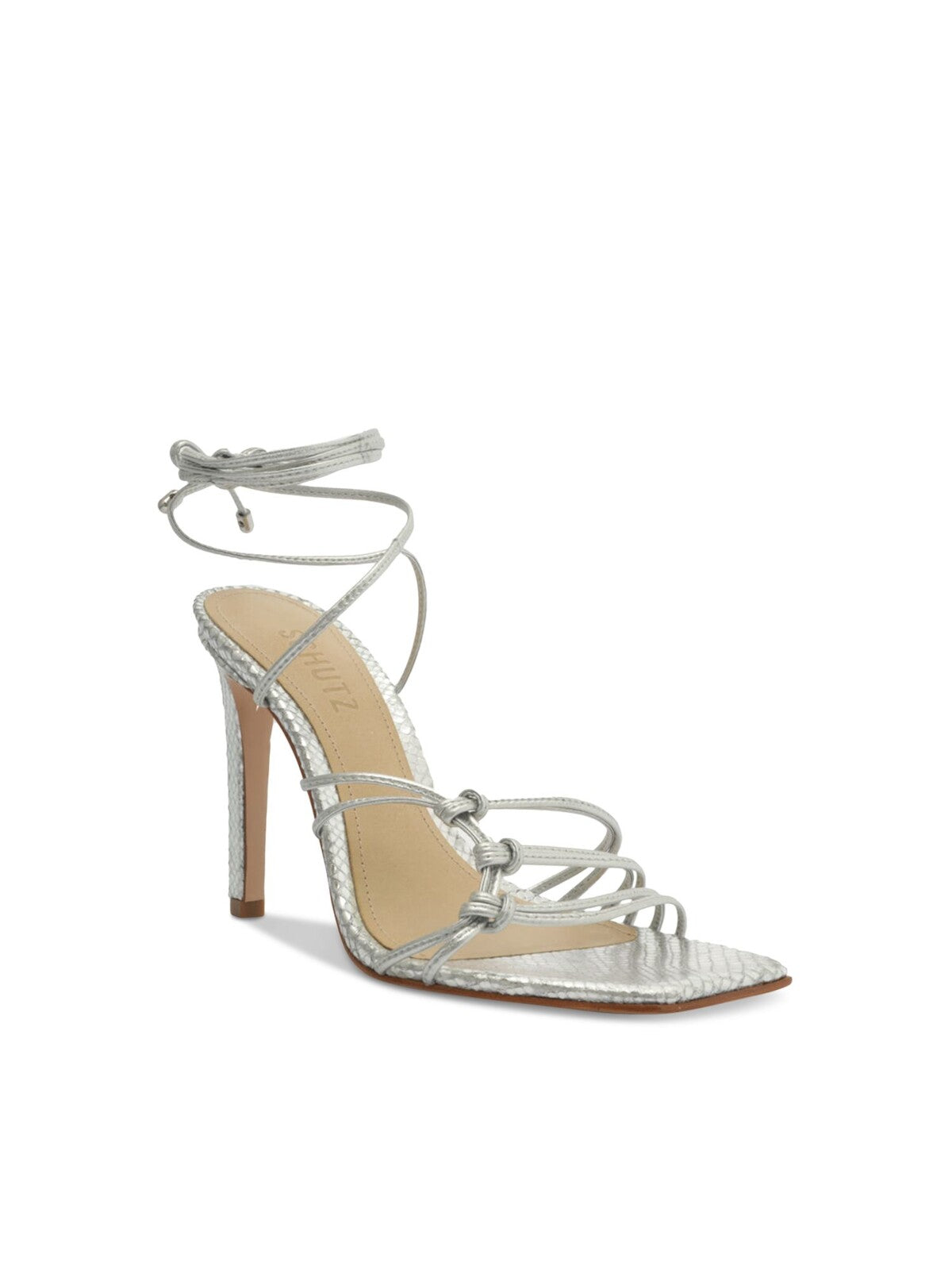 SCHUTZ Womens Silver Snake Embossed Knotted Vamp Anke-Wrap Padded Strappy Sirena Square Toe Stiletto Lace-Up Leather Dress Heeled Sandal 10 B