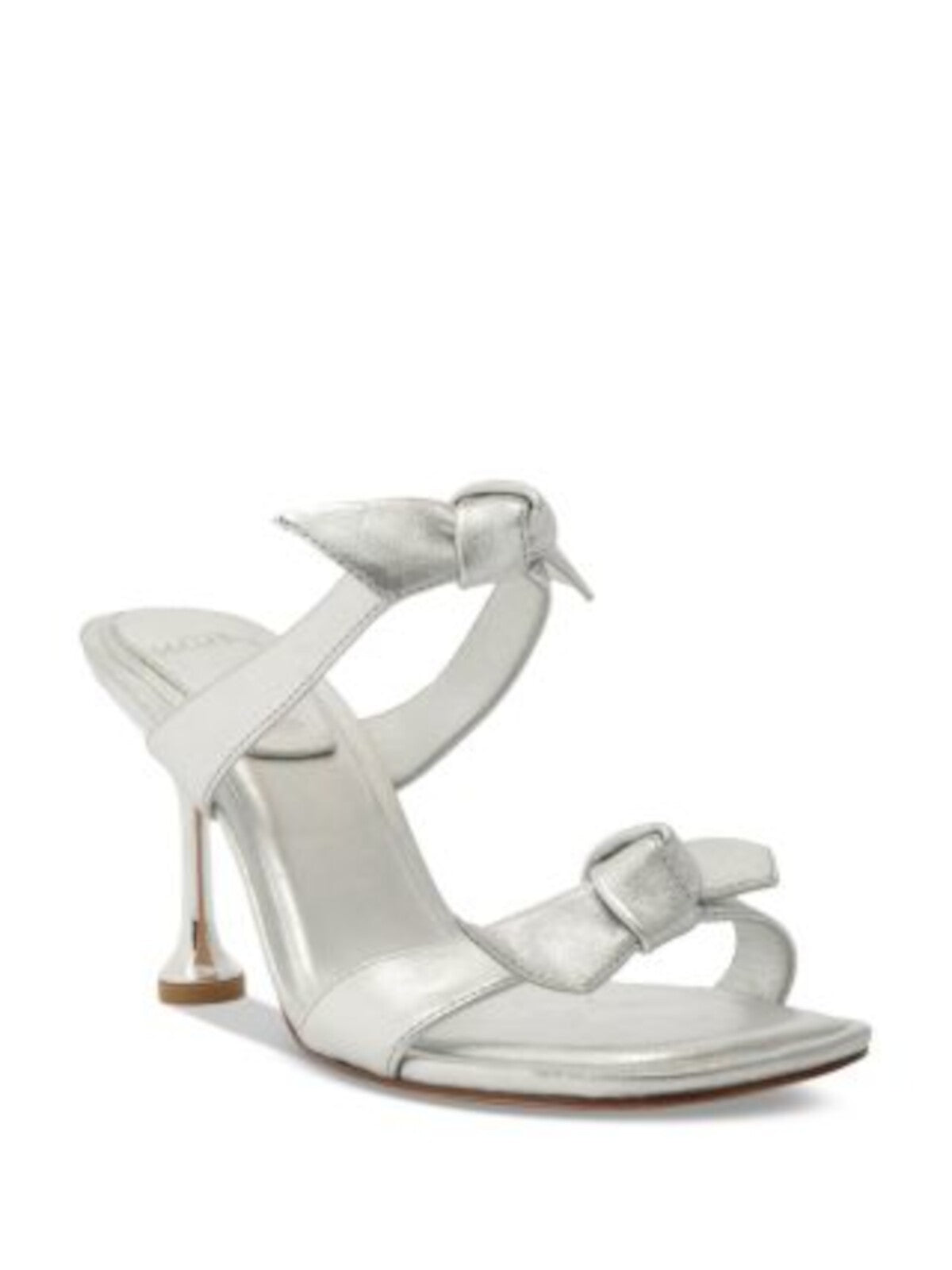 ALEXANDRE BIRMAN Womens Silver Knotted Padded Clarita Square Toe Flare Slip On Leather Heeled Sandal 37.5