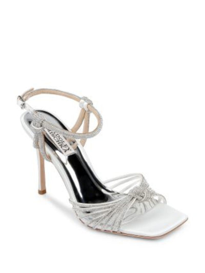 BADGLEY MISCHKA Womens White Strappy Padded Knotted Ankle Strap Embellished Estella Square Toe Stiletto Buckle Dress Heeled Sandal 9.5