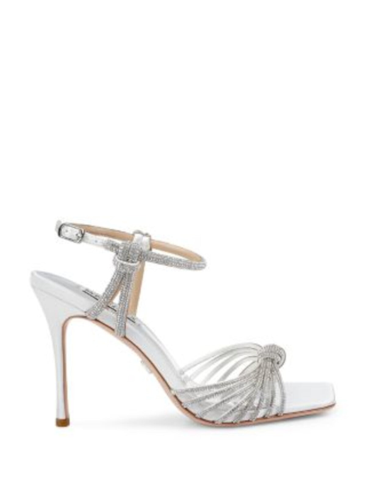 BADGLEY MISCHKA Womens White Strappy Padded Knotted Ankle Strap Embellished Estella Square Toe Stiletto Buckle Dress Heeled Sandal 9.5