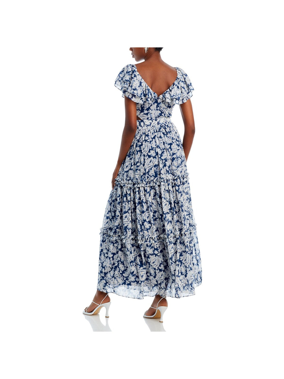 AQUA Womens Navy Cut Out Zippered Gathered Ruffle Tiered Skirt Floral Flutter Sleeve V Neck Maxi Party Fit + Flare Dress XL