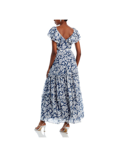 AQUA Womens Navy Cut Out Zippered Gathered Ruffle Tiered Skirt Floral Flutter Sleeve V Neck Maxi Party Fit + Flare Dress M