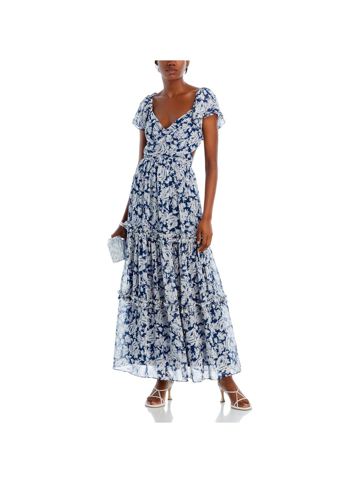 AQUA Womens Navy Cut Out Zippered Gathered Ruffle Tiered Skirt Floral Flutter Sleeve V Neck Maxi Party Fit + Flare Dress S