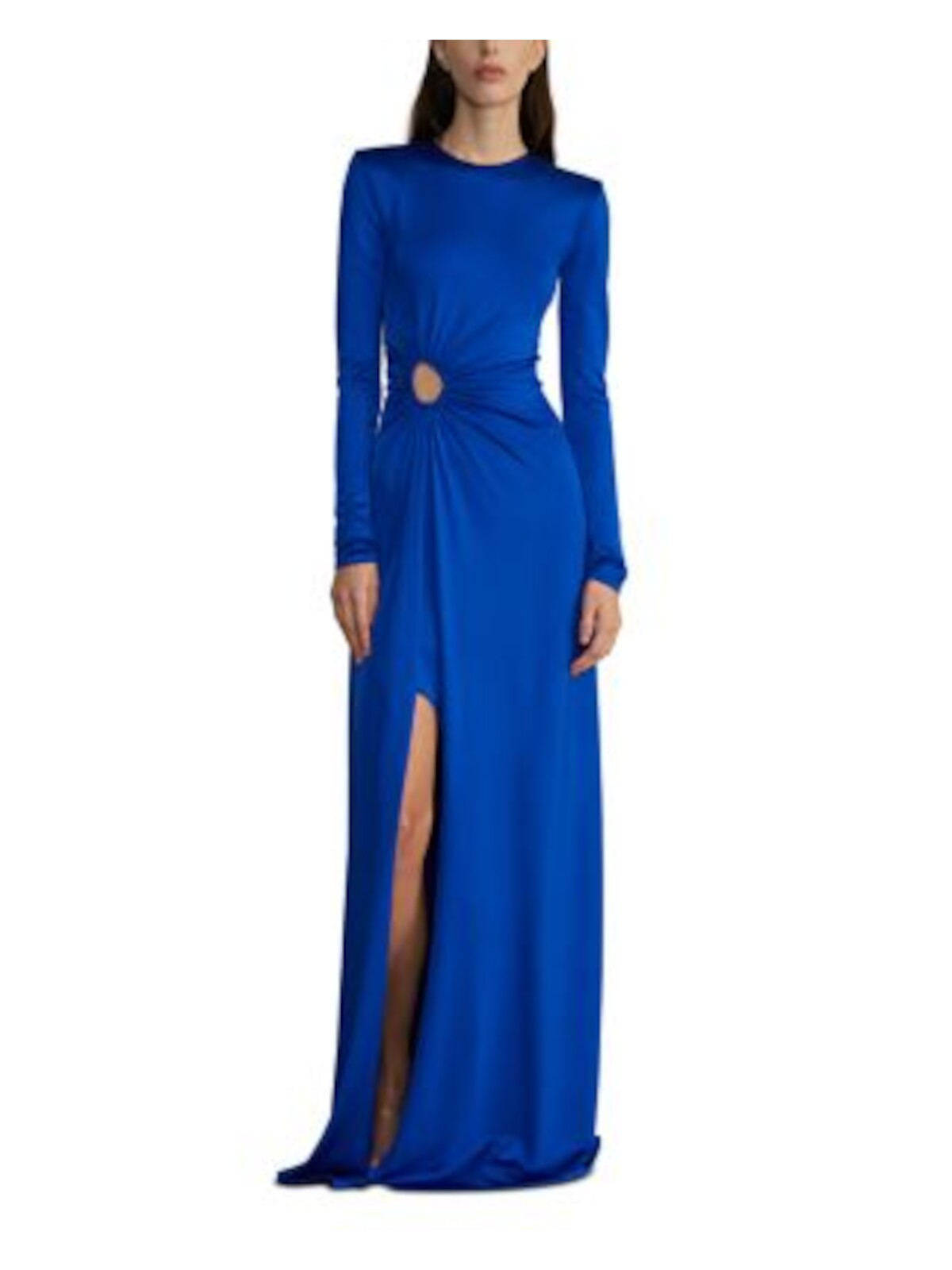 ET OCHS Womens Blue Cut Out Gathered Zippered Extended Slit Long Sleeve Round Neck Full-Length Party Sheath Dress 0