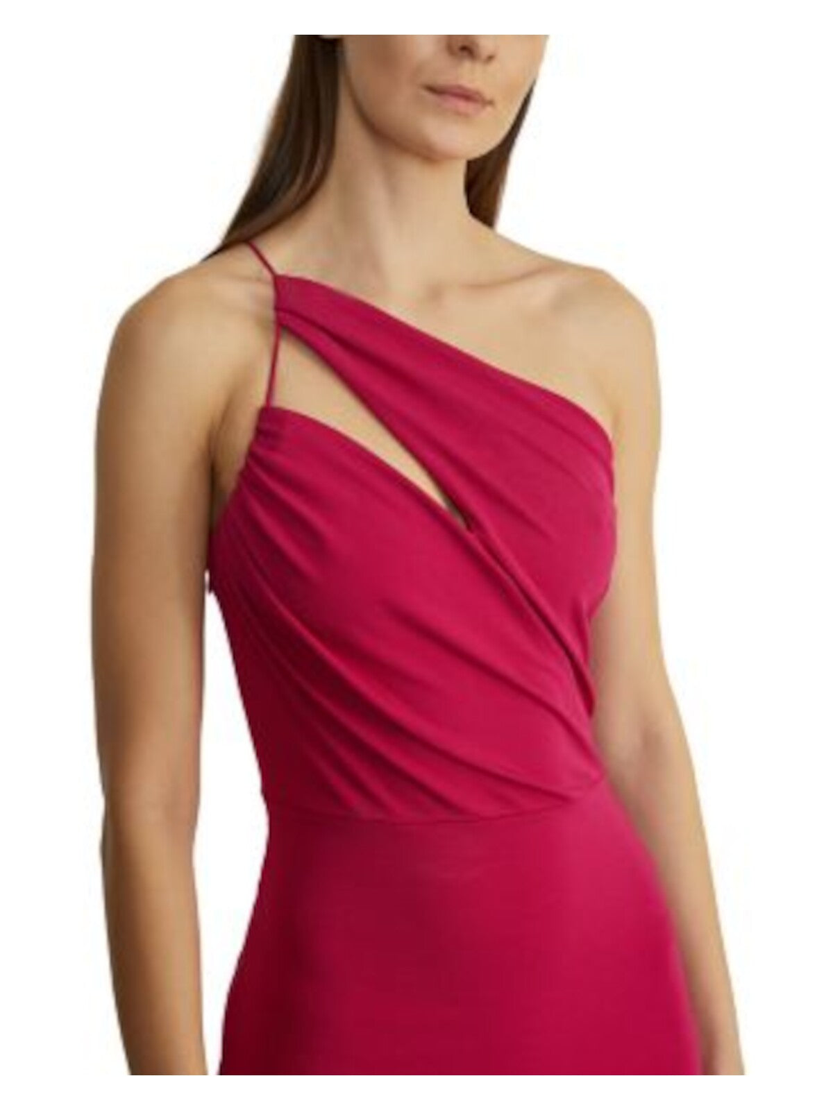 ET OCHS Womens Pink Cut Out Zippered Shirred Lined Sleeveless Asymmetrical Neckline Midi Cocktail Body Con Dress 2