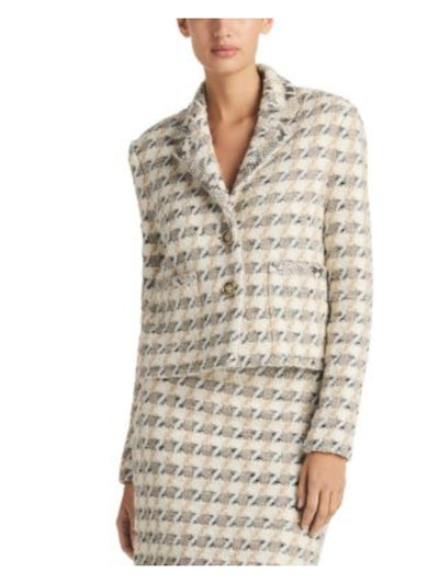 ST JOHN Womens Beige Pocketed Buttoned Ribbed Knit Back Notche Wear To Work Blazer Jacket 12